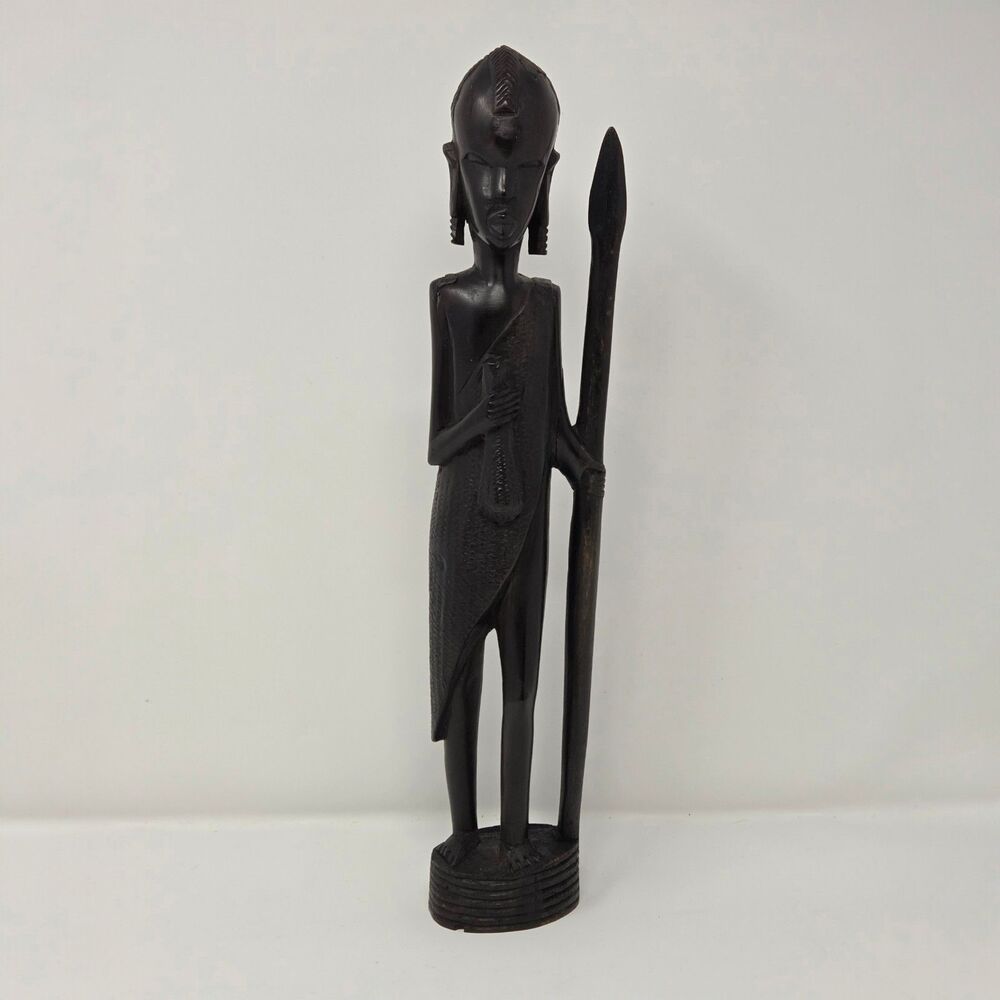 Vintage Hand Carved African Warrior Statue Figure w/ Spear‎ Wood Tribal Art 14"